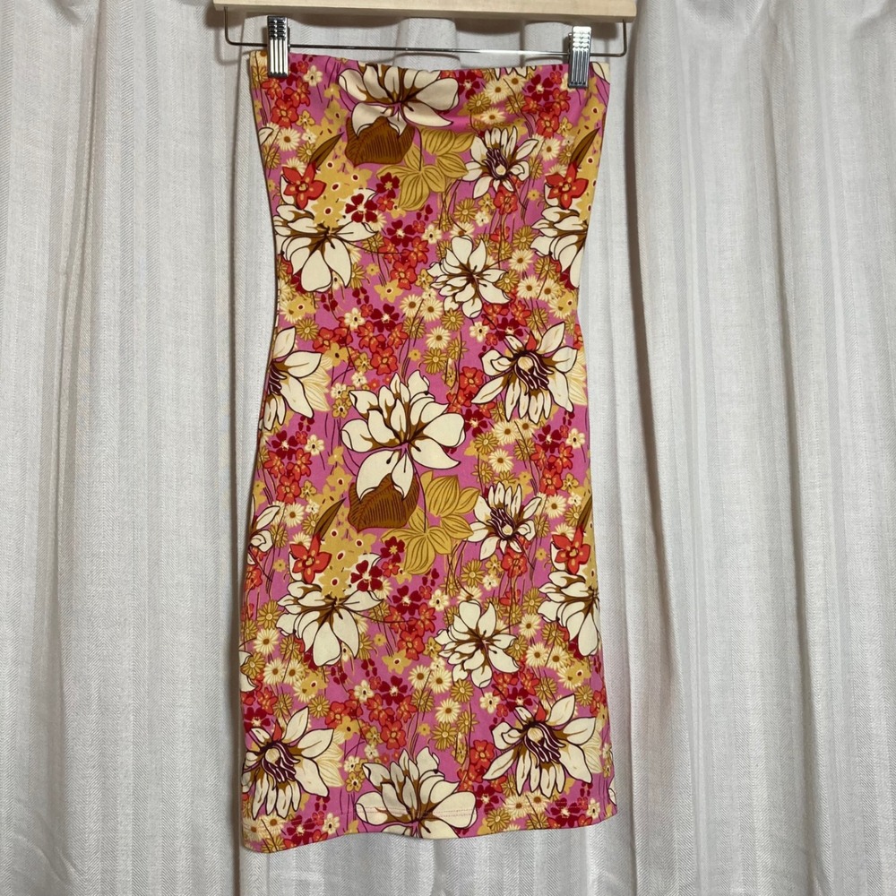 90s Y2K Vintage Floral Tube Dress Pink Orange Strapless Bodycon Mini XS